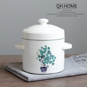 Cfd ceramic water-proof stew pot with lid and double lid stewed bird's nest steamed egg double-ear stew pot household medium and large soup cup bowl yuanbicao-large stew pot (about 850ml)