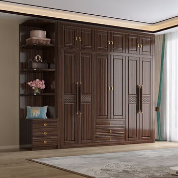 Zailu double-door solid wood wardrobe new chinese style ebony wood home bedroom storage cabinet modern simple wooden coat cabinet six-door wardrobe + top cabinet + side cabinet