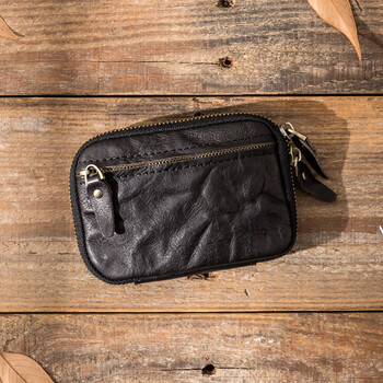 Back step genuine leather multifunctional key bag for men large capacity cowhide coin driver's license bag personalized handmade wallet clutch bag for women black_ first layer cowhide