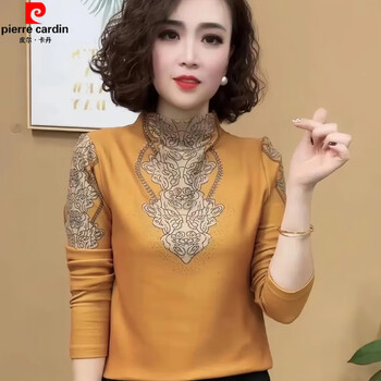 Pierre cardin 2025 new autumn and winter style versatile long-sleeved age-reducing bottoming shirt fashionable mother's wear german velvet half turtleneck top yellow 2xl recommended 110-120 pounds