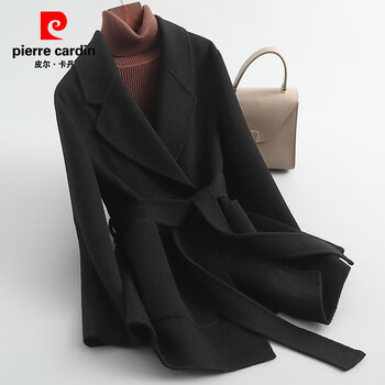 Pierre cardin double-sided cashmere coat for women 2025 autumn and winter new short style short high-end slim woolen coat small fragrance black wool free shipping insurance xs 85kg-95kg
