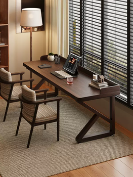 Yusenyi full bezel desk 2025 desk plus solid wood computer desk, antique style new long home desk k type 1 table 2 chairs (remark color) 120x50x75cm