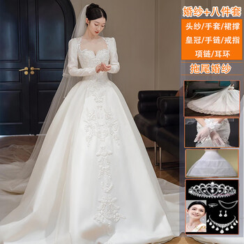 Ovivo haute couture wedding dress bridal 2025 new long sleeve satin texture french heavy industry light luxury niche main yarn white trailing style (wedding dress + eight-piece set) s