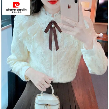 Pierre cardin autumn and winter velvet bottoming shirt for women 2025 new style small fragrant style inner lace top thickened western style bow shirt apricot regular s