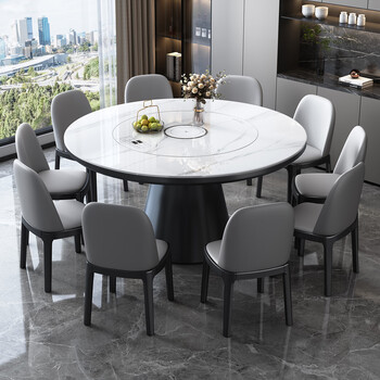 Xishi slate dining table and chair combination light luxury built-in hot plate induction cooker solid wood round table household small apartment dining table 1.5 meters round table + 6 chairs built-in hot plate induction cooker
