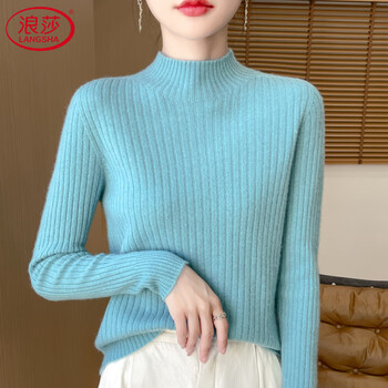 Langsha pure wool sweater half turtleneck sweater women's autumn and winter thickened warm slim fit knitted bottoming sweater lake blue m