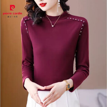 Pierre cardin autumn and winter bottoming shirt for middle-aged mothers, threaded german velvet, western style beading, long-sleeved half-high collar with brushed top, burgundy l, recommended within 100 pounds