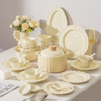 Porcelain city three-color bowl and dish set household underglaze color tableware set 2025 new cream style ceramic bowl set housewarming gift underglaze color 4-person meal 22-piece set gift box | free casserole