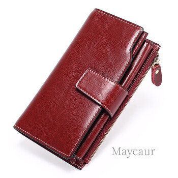 Maycaur2025 new women's wallet long korean version oil wax leather women's multi-card slot wallet clutch bag ready in stock burgundy with gift box anti-theft brush