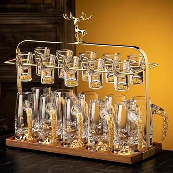 Ying'anmei high-end light luxury white wine glass set blue mountain gold foil jinshan crystal glass wine dispenser household one-cup bullet cup jinshan gold foil 10 pots 10 cups + deer head cup holder