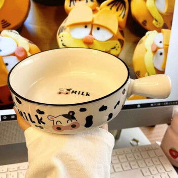 Zi sha bowl household baking bowl cow handle bowl creative cartoon bowl internet celebrity cute bowl spoon tableware combination ceramic baking bowl cow 8-inch handle bowl 1 pack