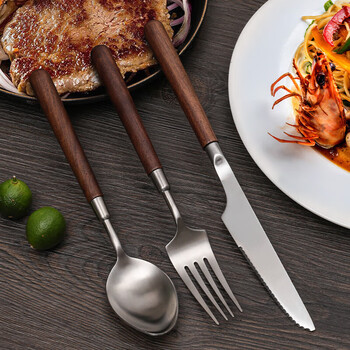 Wmf futengbao european style 304 stainless steel western tableware steak knife and fork set walnut fork and spoon two pieces three-piece knife, fork and spoon set walnut handle + no