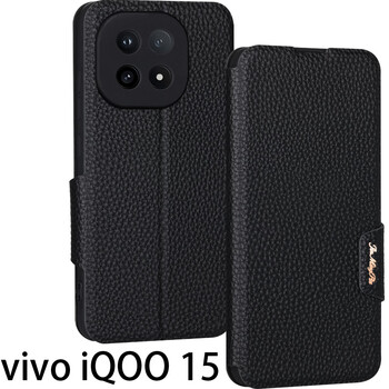 Haoya vivo iqoo15 mobile phone case flip cover lens fine hole full cover front 5g magnetic buckle soft silicone case anti-fall protection simulated cowhide iqoo 15 litchi leather pattern (black)