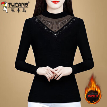 Woodpecker mesh black long-sleeved bottoming shirt for women new autumn and winter half turtleneck plus velvet thickened top western style small shirt for women black plus velvet l 100-109 pounds