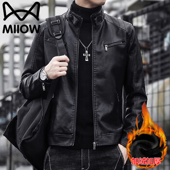 Cat man jacket leather jacket men's autumn and winter jacket motorcycle jacket thickened velvet casual stand collar top black velvet 2xl