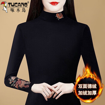 Woodpecker autumn and winter long-sleeved velvet thickened bottoming shirt for women half turtleneck mother wear age-reducing velvet top t-shirt fashionable 135 black l recommended 100-110 pounds
