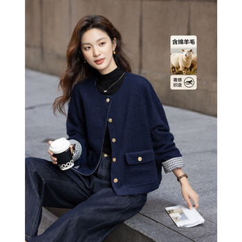 Demana warm sheep wool winter simple style round neck large pocket contrasting plaid splicing box type loose jacket for women