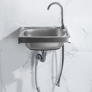 Stainless steel sink single tank wall-mounted household dishwashing sink with bracket wall-mounted vegetable sink 60*45 hand-drawn single faucet