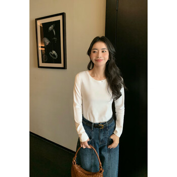 Pusumede white round neck knitted bottoming shirt for women spring new basic versatile inner long-sleeved t-shirt top white m