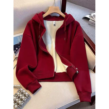 Gu jianmu burgundy short sweatshirt for women with velvet and thickened hooded zipper, super nice for little people, american style open in autumn, burgundy/version, spring and autumn new product - style s 60-85 catties, genuine quality