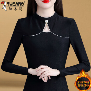 Woodpecker long-sleeved bottoming shirt for women, new autumn and winter stand-up collar with velvet to keep warm and slim, slim and thickened mesh pullover top, black velvet xl 110-119 catties