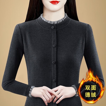 Su ningning double-sided german velvet bottoming shirt for women in autumn and winter, thickened and warm, stylish small shirt, lace collar slim top, dark gray (quality german velvet) 2xl, recommended 115-130 pounds