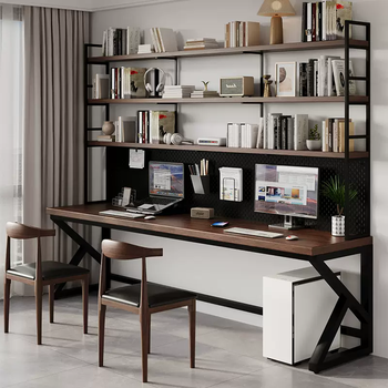 Yusenyi solid wood double desk bookshelf integrated long table workbench study wall-mounted home study computer desk 100x60x210 three-layer bookshelf with hole board color optional