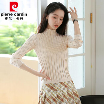 Pierre cardin simple half turtleneck sweater women's pullover sweater autumn and winter new solid color bottoming shirt long-sleeved inner sweater top apricot xl