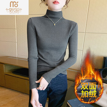 Modal half turtleneck plus velvet thickening bottoming shirt for women autumn and winter 2025 new style black mid-collar german velvet warm top, smoke gray_ double-sided velvet_ high collar style s_ under 90 pounds