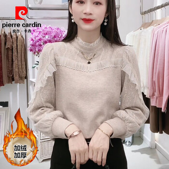 Pierre cardin european lace beaded long-sleeved pure cotton sweater for women autumn and winter new niche slimming style warm top oatmeal color plus velvet fine workmanship thickened s recommended 80-95 pounds