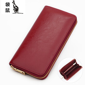Kangaroo (kangaroo) women's new fashion casual lightweight oil-waxed cowhide long genuine leather large-capacity long-money zipper wallet new color #oil-waxed cowhide burgundy outside + 20*10*2.5cm