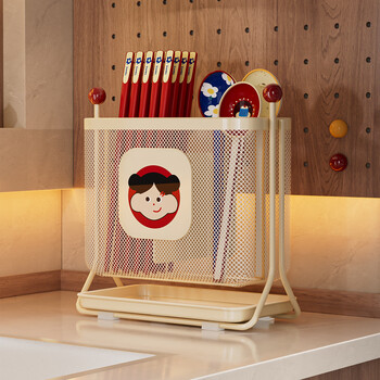 Yingsi style chopstick storage box kitchen household new draining hole-free spoon and fork storage rack divided chopstick cage basket chopstick tube milk white double grid / with water tray 1