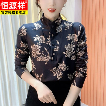 Hengyuanxiang 2025 winter new new chinese style velvet thickened bottoming shirt long sleeve printed retro shirt slim fit covering top for women black velvet thickened 2xl 110-125 jin