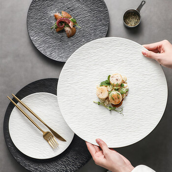 Guiqi ceramic steak plate western plate round plate home steak plate pasta plate hotel personalized creative dish plate frosted white-8 inch stone pattern (shallow plate)