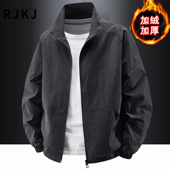 Rjkj light luxury brand men's jackets spring, autumn and winter new outdoor velvet casual stand-up collar trendy upper clothes black - velvet thickening - 8919 jacket l (recommended 115-130 catties)