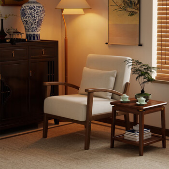 Solid wood single chair retro style single sofa living room leisure sofa chair balcony study backrest sofa seat off-white cotton and linen