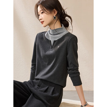 Mohan yimei zhisen ol fake two-piece bottoming shirt 2025 winter design fashionable embroidery warm thickened t-shirt