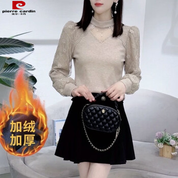 Pierre cardin (pierre cardin) western style mid-high collar splicing thickened lace base winter new long-sleeved knitted top shirt 280t apricot plus velvet l 85-100