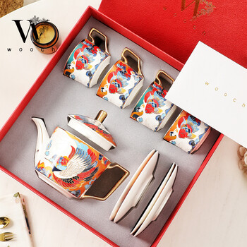 Wooch guochao lucky carp 1 pot 4 cups and saucers gift box light luxury coffee cup set exquisite afternoon tea wedding housewarming gift guochao lucky carp 1 pot 4 cups and saucers - blue + orange + red gold gift box