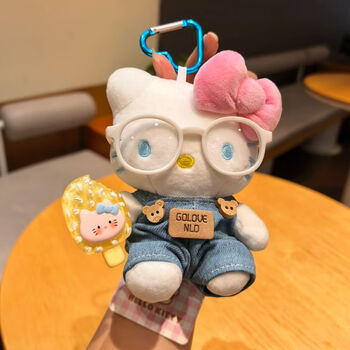 Sanrio cute clothes hellokitty plush doll bag pendant car keychain pendant doll girlfriend gift genuine sitting kt-denim overalls ice cream glasses style