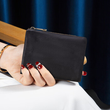 Sefulun (seefulun) pure cowhide short folding wallet with double bill slots, unisex, ultra-thin, portable, genuine leather inside and outside, two-fold wallet, black - genuine leather inside and outside, double bill slots