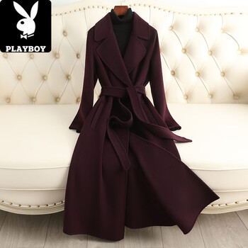 Playboy (playboy) double-sided cashmere coat for women mid-length 2025 autumn and winter new fashion over-the-knee high-end wool woolen coat for women purple australian wool l 105-117 catties