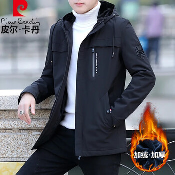 Pierre cardin jacket men's autumn and winter hooded windproof outdoor sports velvet thickened warm casual jacket black velvet 3xl