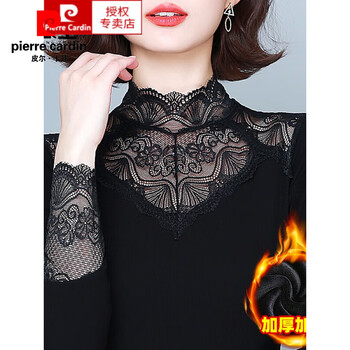 Pierre cardin high collar lace velvet bottoming shirt for women 2025 new autumn and winter style small shirt with women's slimming thick top black velvet xl jianyi 90-115 catties