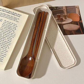 He jiagong portable wooden chopsticks and spoon set single tableware student office worker three-piece storage box long 23.5cm nanmu chopsticks and spoon box three-piece set