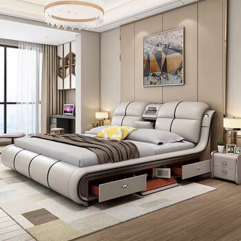 He jiagong leather bed multifunctional electric massage high box storage double king bed master bedroom luxurious soft cover wedding bed tatami low version single bed without mattress bedside table (reactive 1500mm*2000mm bracket structure