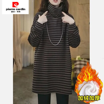 Pierre cardin 2025 spring new velvet thickened turtleneck bottoming shirt top for women korean style striped mid-length versatile t-shirt striped top velvet thickened xxs recommended under 65 pounds