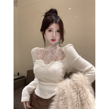 Pure sexy hottie sexy lace turtleneck sweater with bottoming waterproof mink top for women in autumn and winter cream white original high-end fabric/comparable s recommended 75-97 pounds