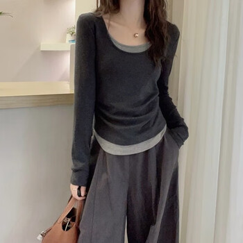 Miao yijia fake two-piece bottoming shirt for women, which can be worn as an inner layer and worn outside. 2025 autumn and winter new long-sleeved top to cover the belly and make you slim. dark gray spliced solid color fake two-piece bottoming layer for slimming and slimming. 2xl. recommended 116-135 catties.