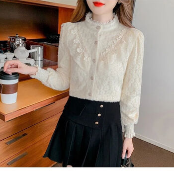 Woodpecker (tucano) lace shirt women's 2025 autumn and winter new niche design bottoming shirt fashionable age-reducing versatile top apricot regular m 85-105 jin